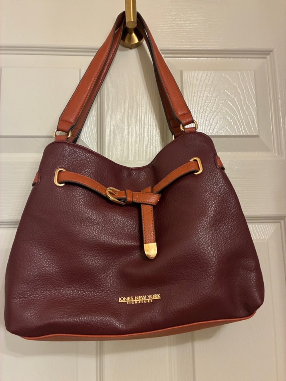 Jones New York Burgundy and Tan Leather‎ Shoulder Tote